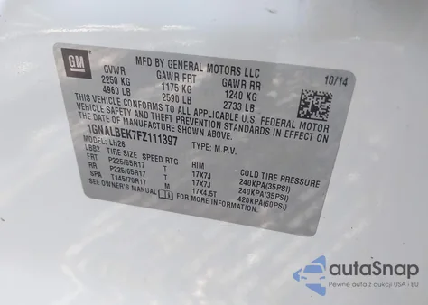 2015 Chevrolet Equinox 1Lt z USA, uszkodzony, nr VIN 1GNALBEK7FZ111397